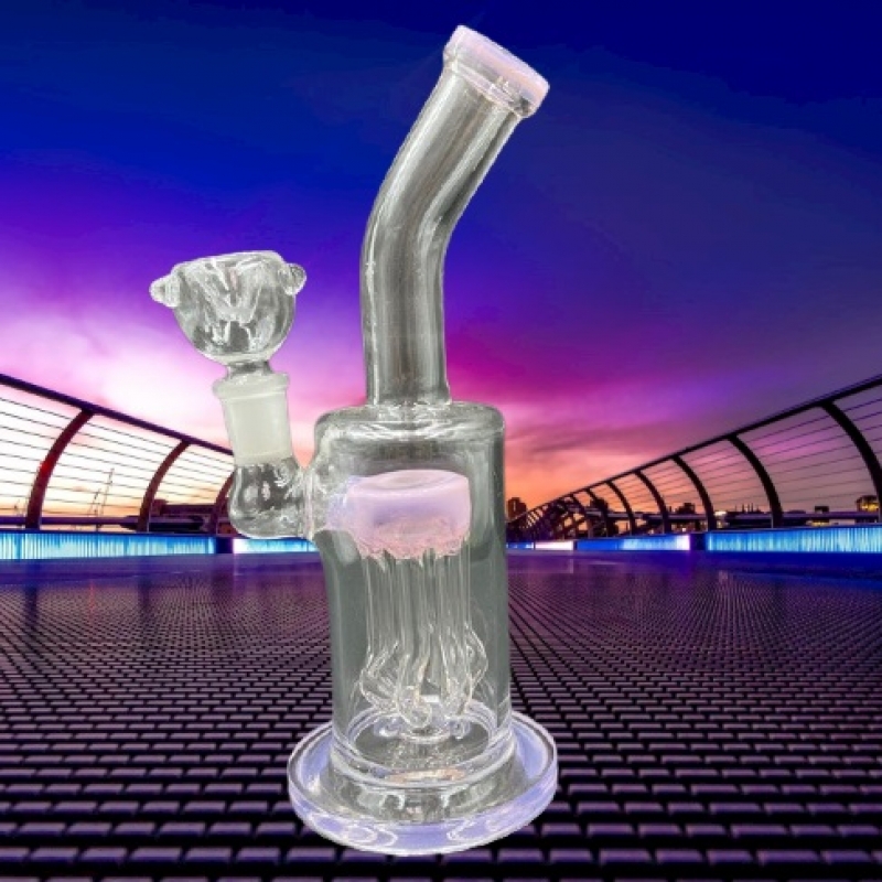 BENT NECK TREE PERC GLASS STRAIGHT WATER PIPE W/ THICK BASE PINK TRIM Pit Bull Glass